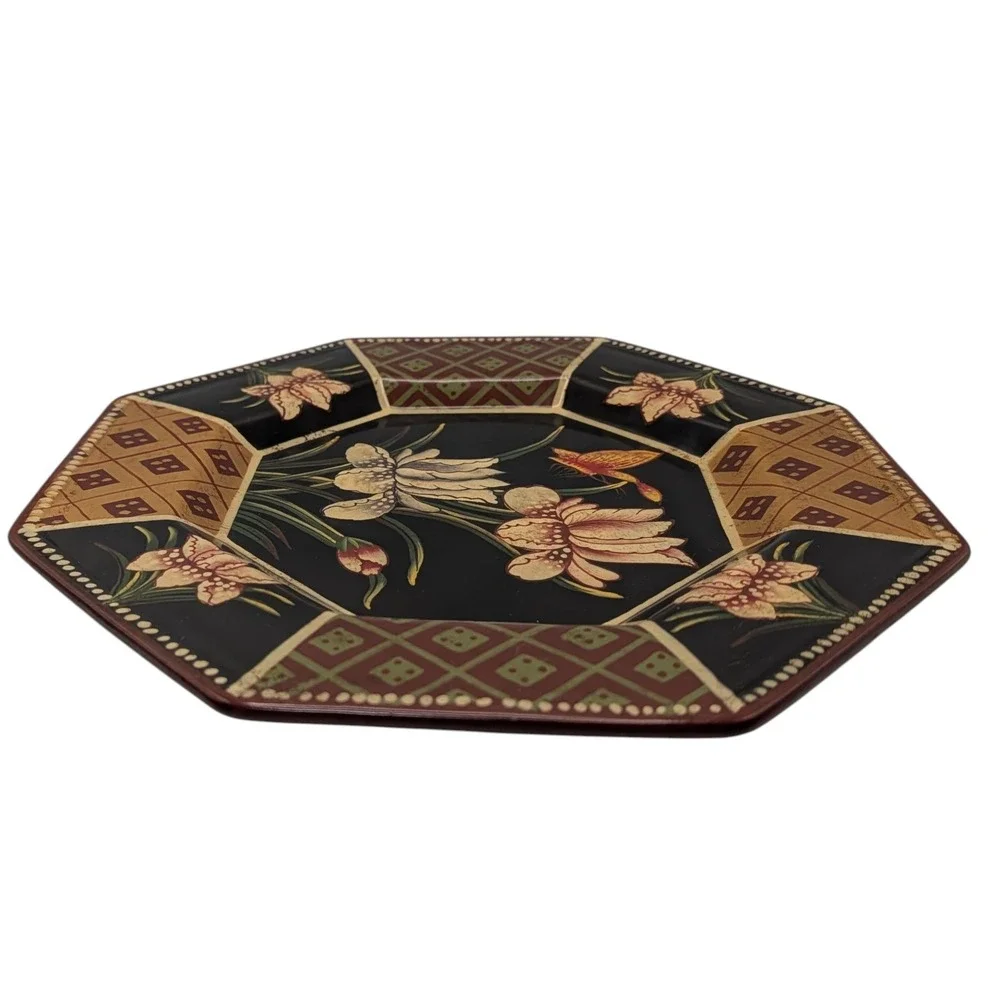 Vintage Oriental Accent Plate Octagon Decorative Butterfly Flowers Ceramic Black
